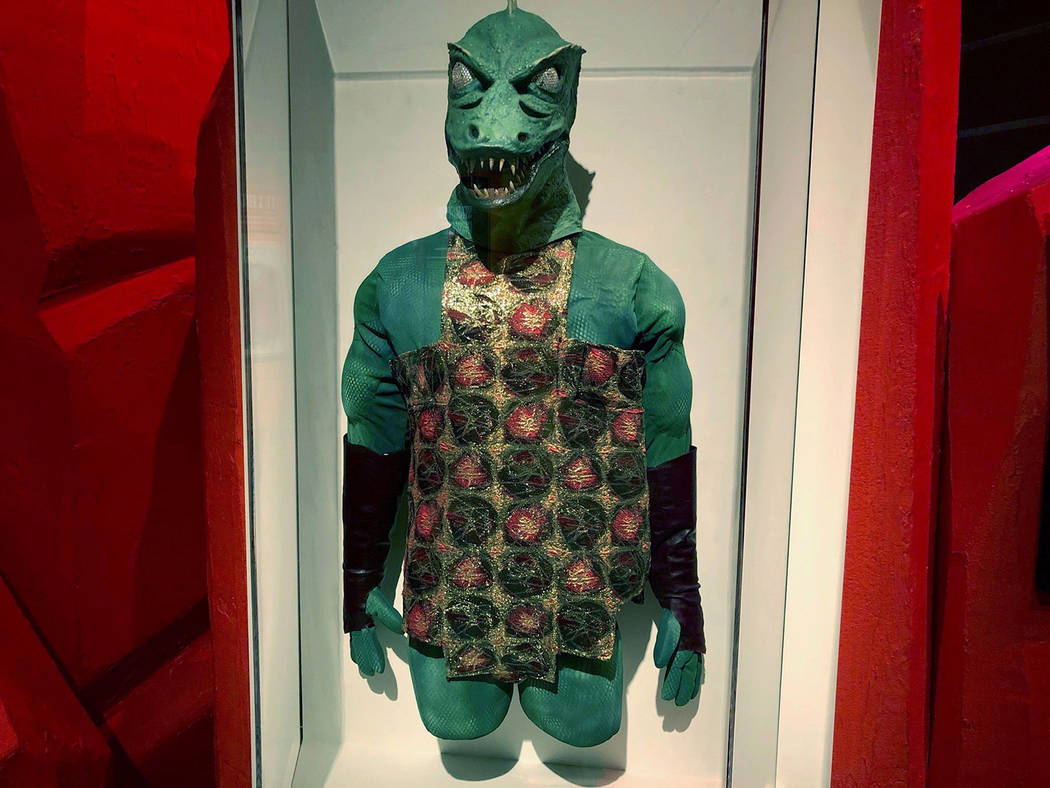 In this May 9, 2019 photo, the mask, tunic and gloves worn by William Blackburn as the Gorn in ...