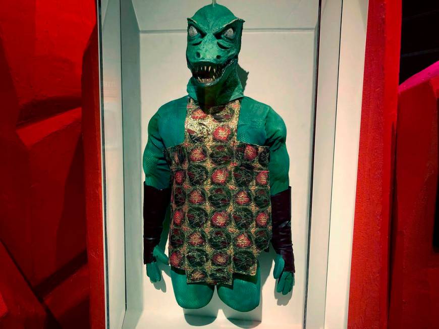 In this May 9, 2019 photo, the mask, tunic and gloves worn by William Blackburn as the Gorn in ...