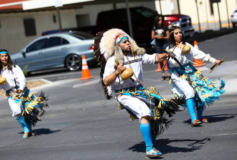 Members of Danza del Carrizo perform during the Helldorado Parade along Fourth Street in downto ...