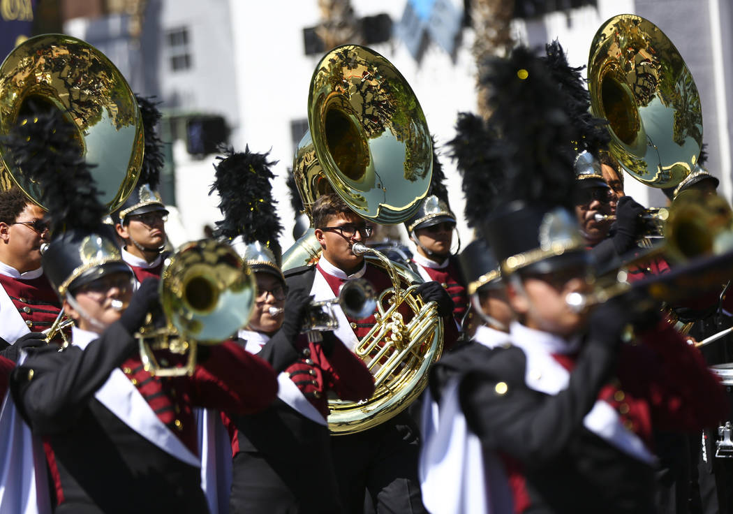 Members of the Del Sol marching band perform during the Helldorado Parade along Fourth Street i ...