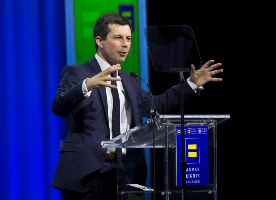 Democratic presidential candidate Pete Buttigieg speaks at the 14th Annual HRC Las Vegas Dinner ...