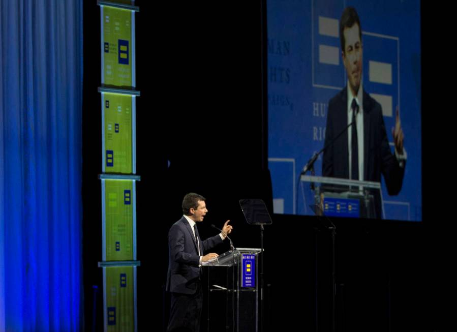 Democratic presidential candidate Pete Buttigieg speaks at the 14th Annual HRC Las Vegas Dinner ...