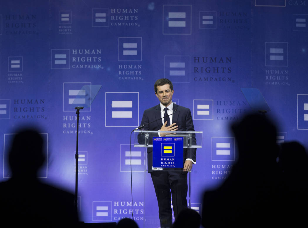 Democratic presidential candidate Pete Buttigieg thanks the crowd at the conclusion of his spee ...