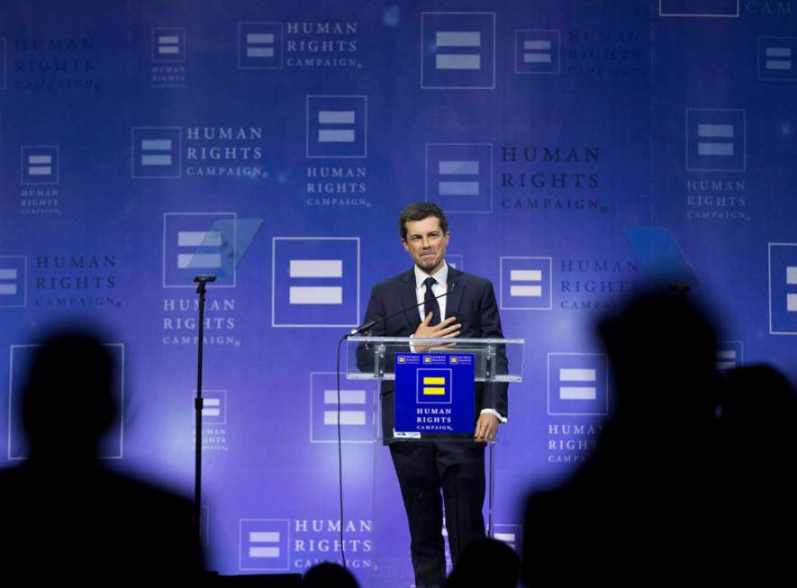 Democratic presidential candidate Pete Buttigieg thanks the crowd at the conclusion of his spee ...