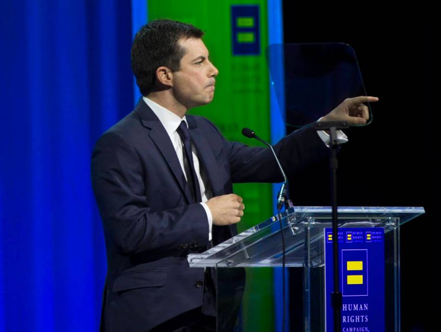 Democratic presidential candidate Pete Buttigieg speaks at the 14th Annual HRC Las Vegas Dinner ...