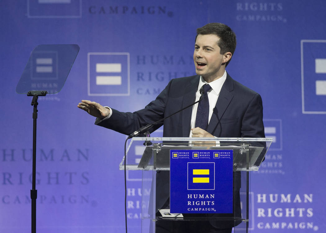 Democratic presidential candidate Pete Buttigieg speaks at the 14th Annual HRC Las Vegas Dinner ...