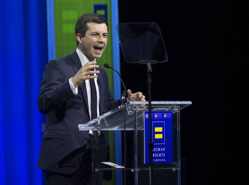 Democratic presidential candidate Pete Buttigieg speaks at the 14th Annual HRC Las Vegas Dinner ...