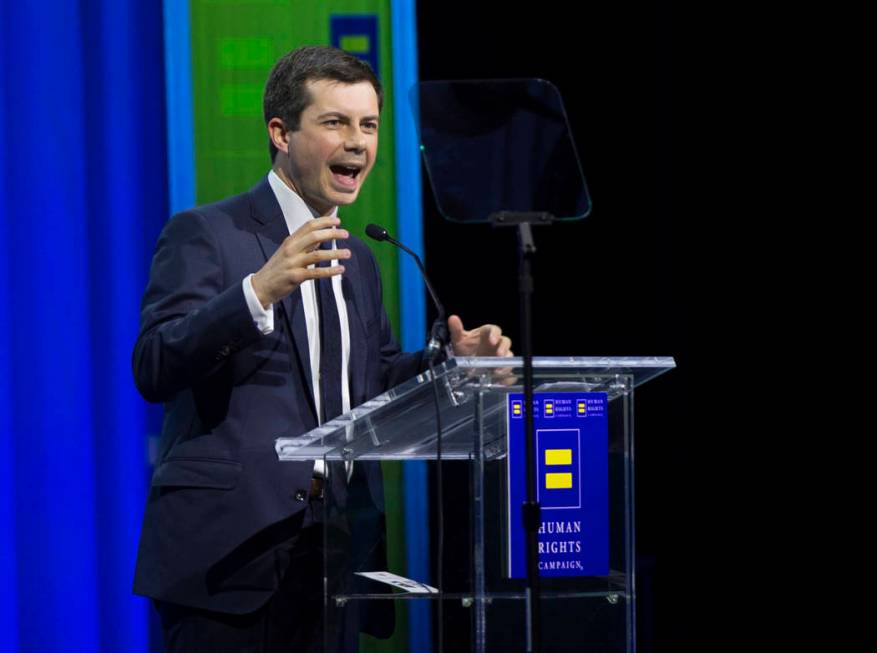 Democratic presidential candidate Pete Buttigieg speaks at the 14th Annual HRC Las Vegas Dinner ...