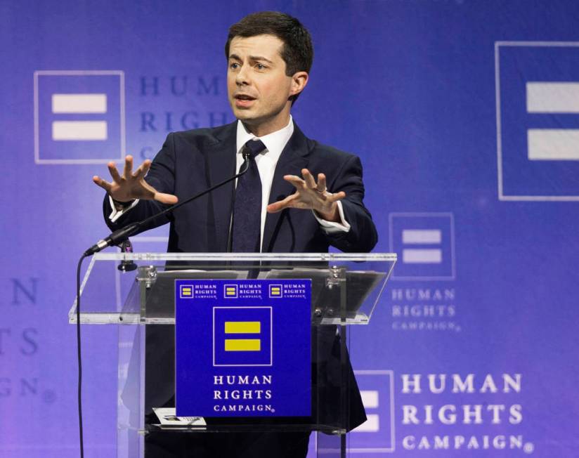 Democratic presidential candidate Pete Buttigieg speaks at the 14th Annual HRC Las Vegas Dinner ...