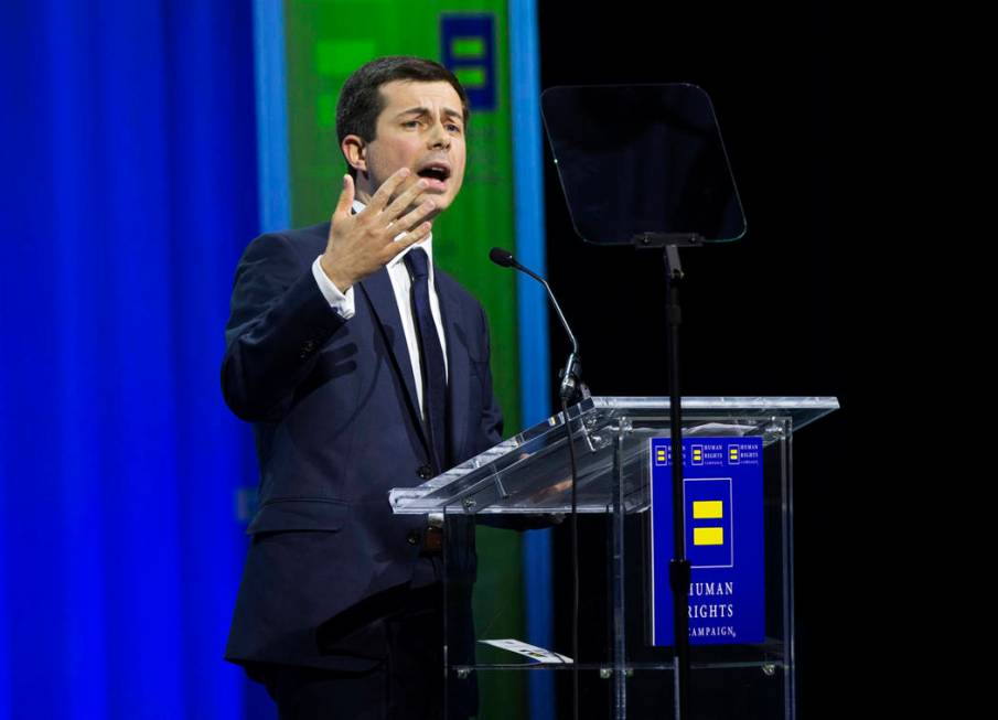 Democratic presidential candidate Pete Buttigieg speaks at the 14th Annual HRC Las Vegas Dinner ...