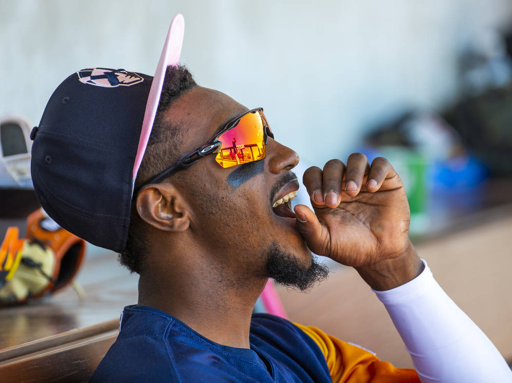 Aviators shortstop Jorge Mateo (14) cheers on his teammates from the dugout as they face the Ta ...