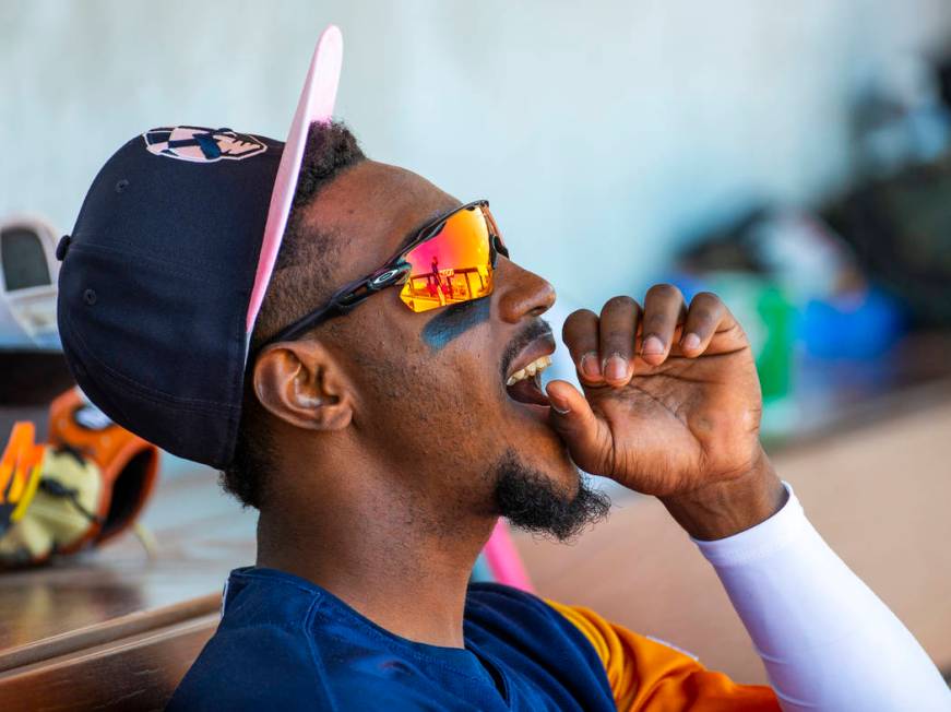 Aviators shortstop Jorge Mateo (14) cheers on his teammates from the dugout as they face the Ta ...