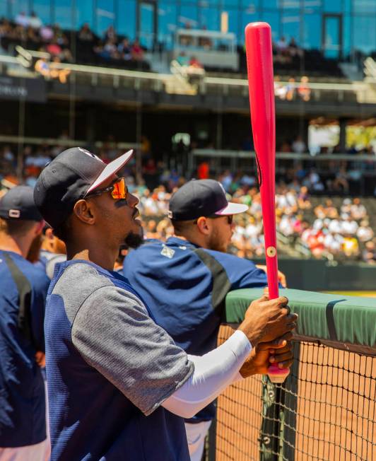 Aviators shortstop Jorge Mateo (14) watches his teammates from the dugout as they face the Taco ...