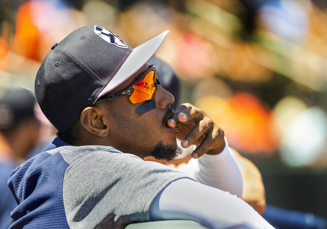 Aviators shortstop Jorge Mateo (14) watches his teammates from the dugout as they face the Taco ...