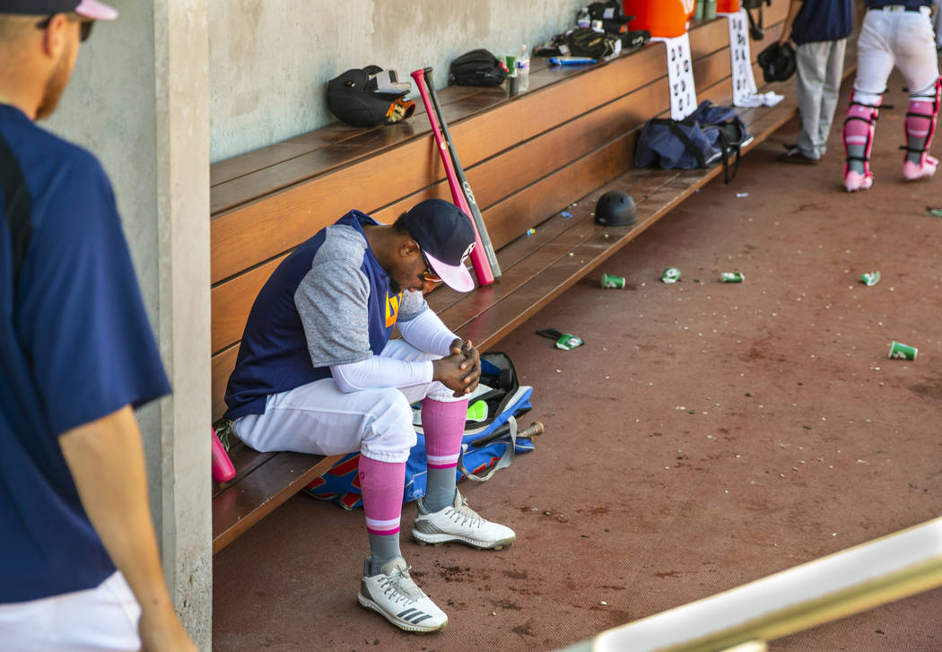 Aviators shortstop Jorge Mateo (14) takes a moment in the dugout as his team is behind the Taco ...