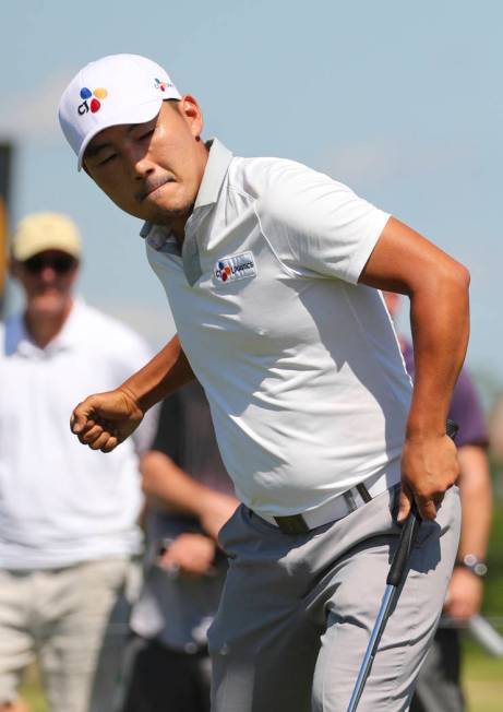 Sung Kang pumps his fist after a birdie putt on the 10th hole in the final round of the Byron N ...