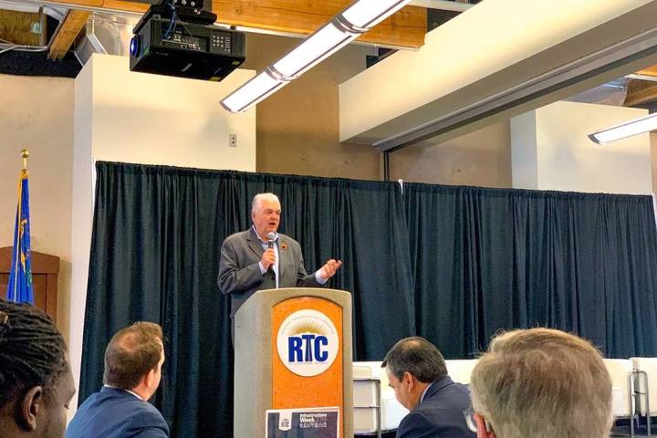 Gov. Steve Sisolak discusses the importance of infrastructure projects in Las Vegas Monday, May ...