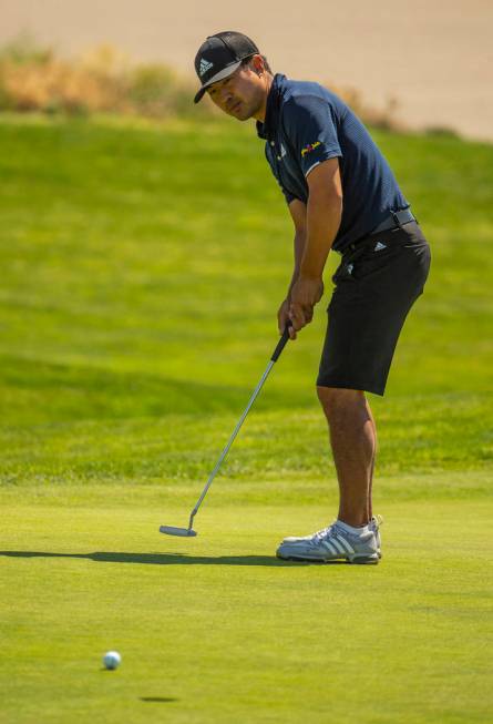 Golfer Alexander Kang looks a putt all the way in during a PGA US Open qualifying round at the ...