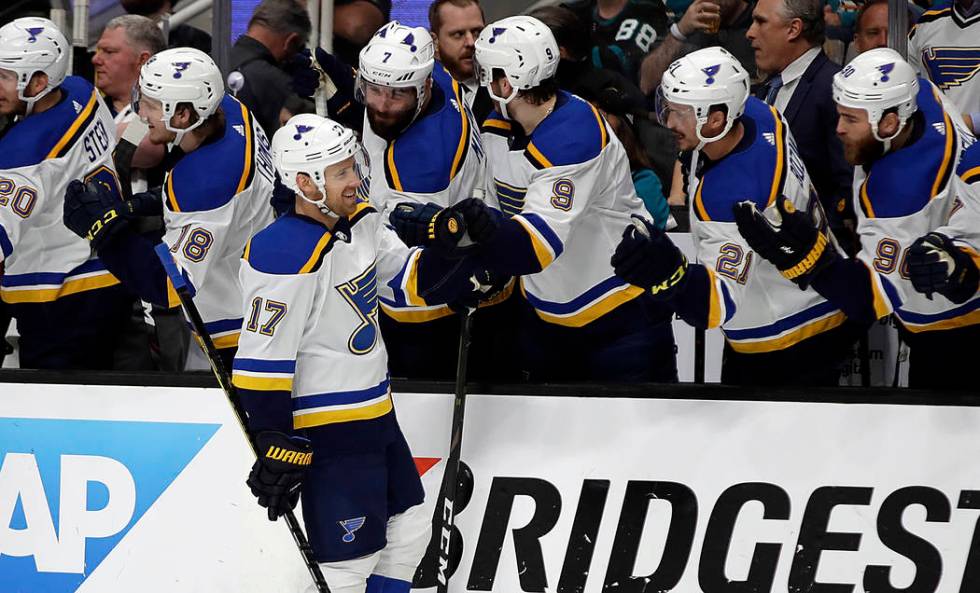 St. Louis Blues' Jaden Schwartz (17) is congratulated after scoring a goal against the San Jose ...