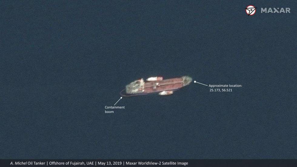 This satellite image provided by Maxar Technologies shows the Emirati-flagged oil tanker A. Mic ...