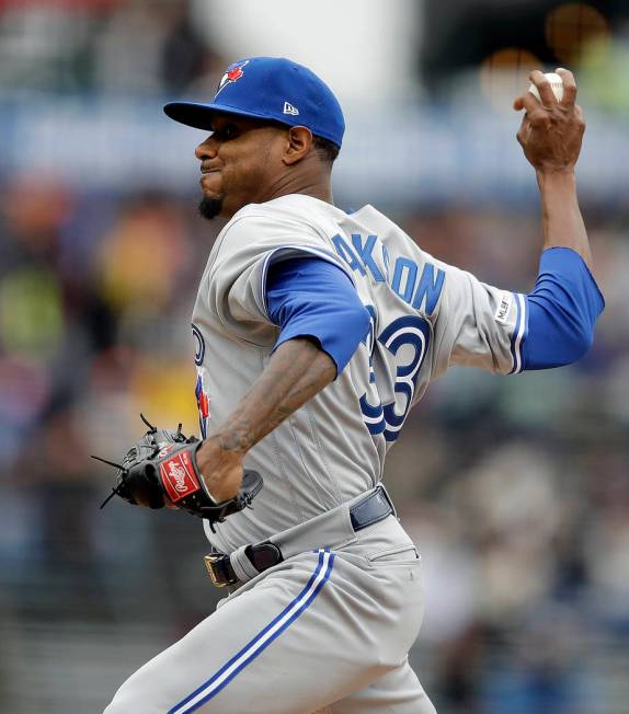 Toronto Blue Jays pitcher Edwin Jackson works against the San Francisco Giants in the first inn ...