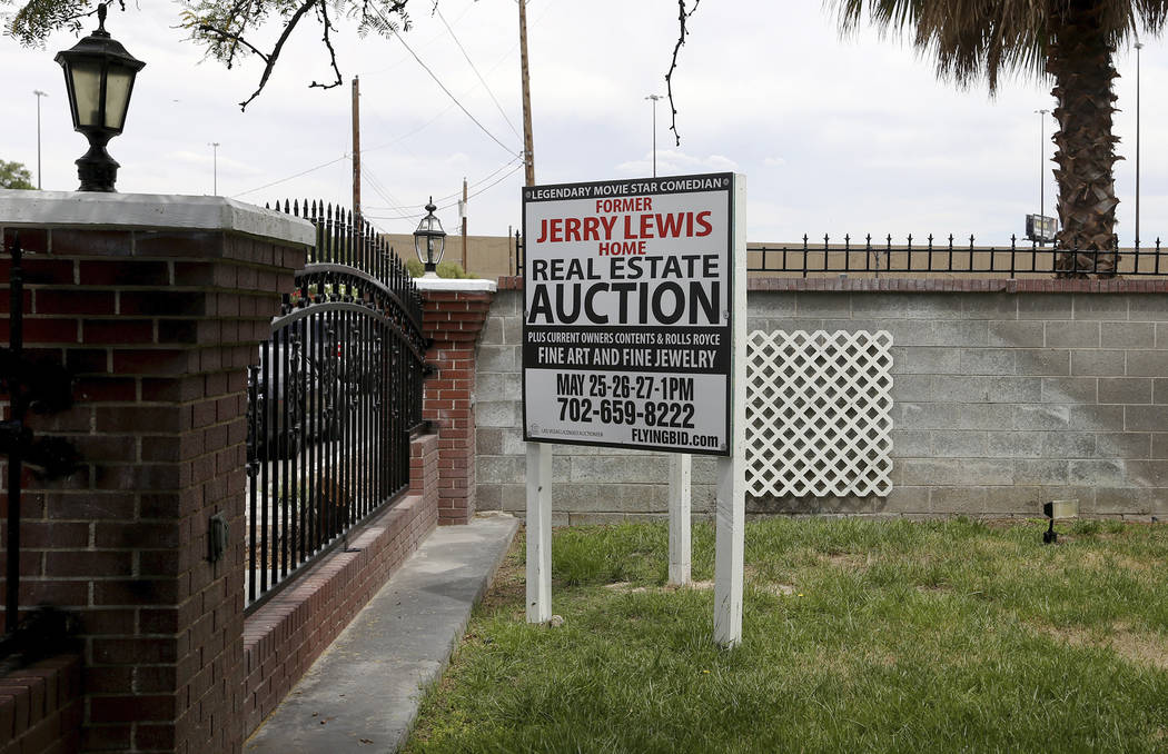 A sign for the former house of Jerry Lewis in Las Vegas, Wednesday, May 15, 2019. Jane Popple b ...