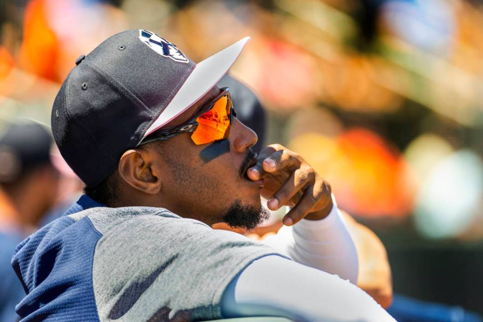 Aviators shortstop Jorge Mateo (14) watches his teammates from the dugout as they face the Taco ...