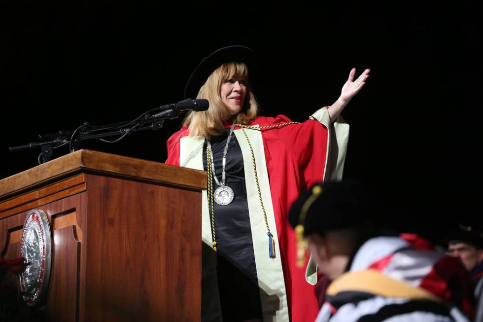 UNLV president Marta Meana speaks during the UNLV commencement ceremony at the Thomas & Mac ...