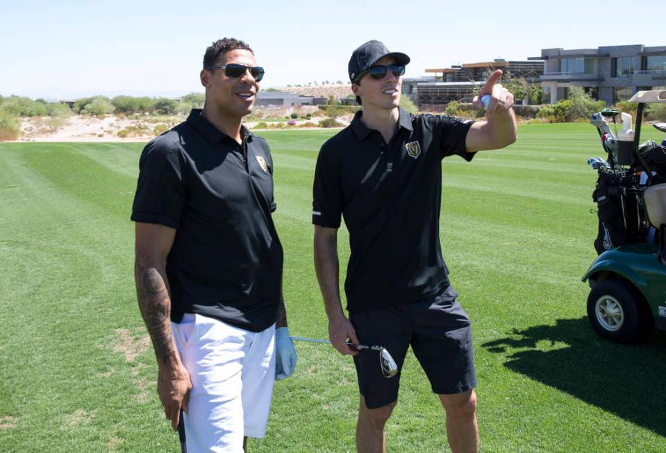 Vegas Golden Knights right wing Ryan Reaves, left, and Knights goaltender Marc-Andre Fleury (29 ...