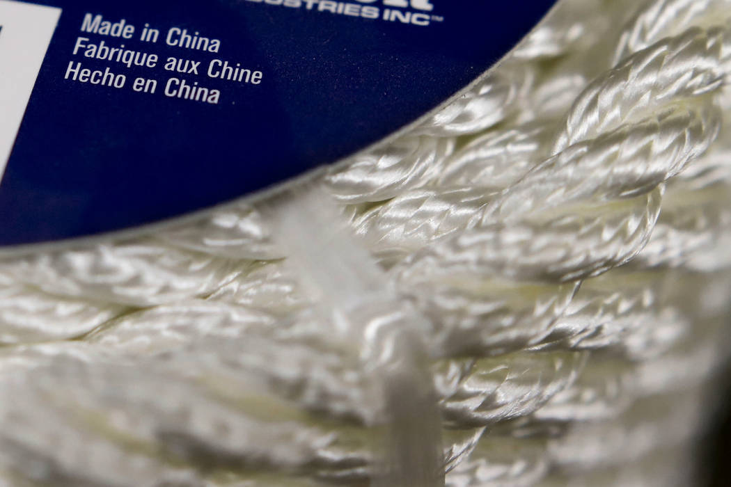 In this May 9, 2019, photo synthetic rope, with labeling indicating it was made in China, is di ...