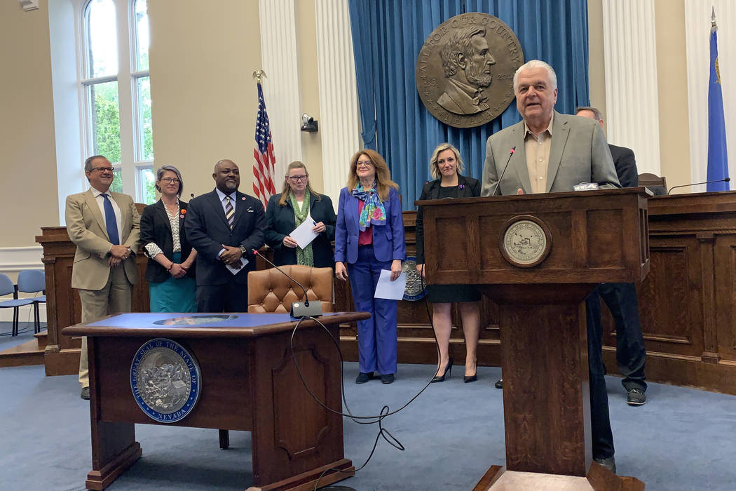 Gov. Steve Sisolak speaks Wednesday at the signing of two health care-related bills. One aims a ...