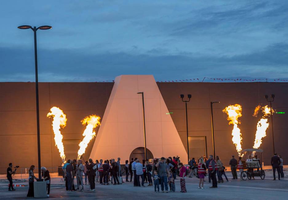 Guests enjoy pyrotechnics marking the unveiling of the entryway of Area15, an experiential reta ...