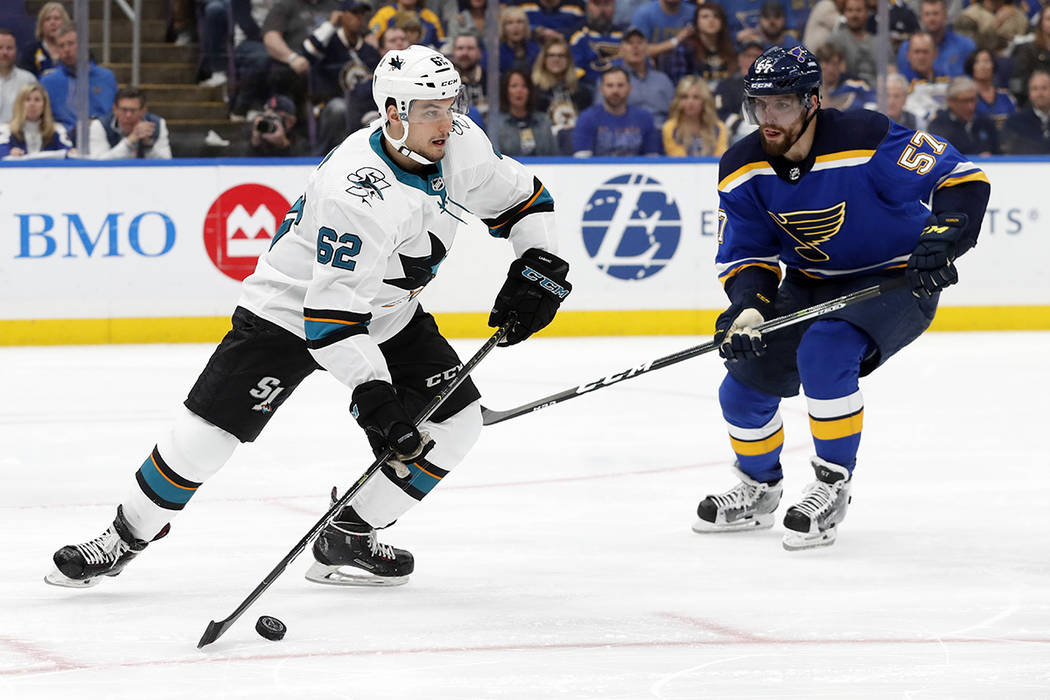 San Jose Sharks right wing Kevin Labanc (62) moves the puck against St. Louis Blues left wing D ...