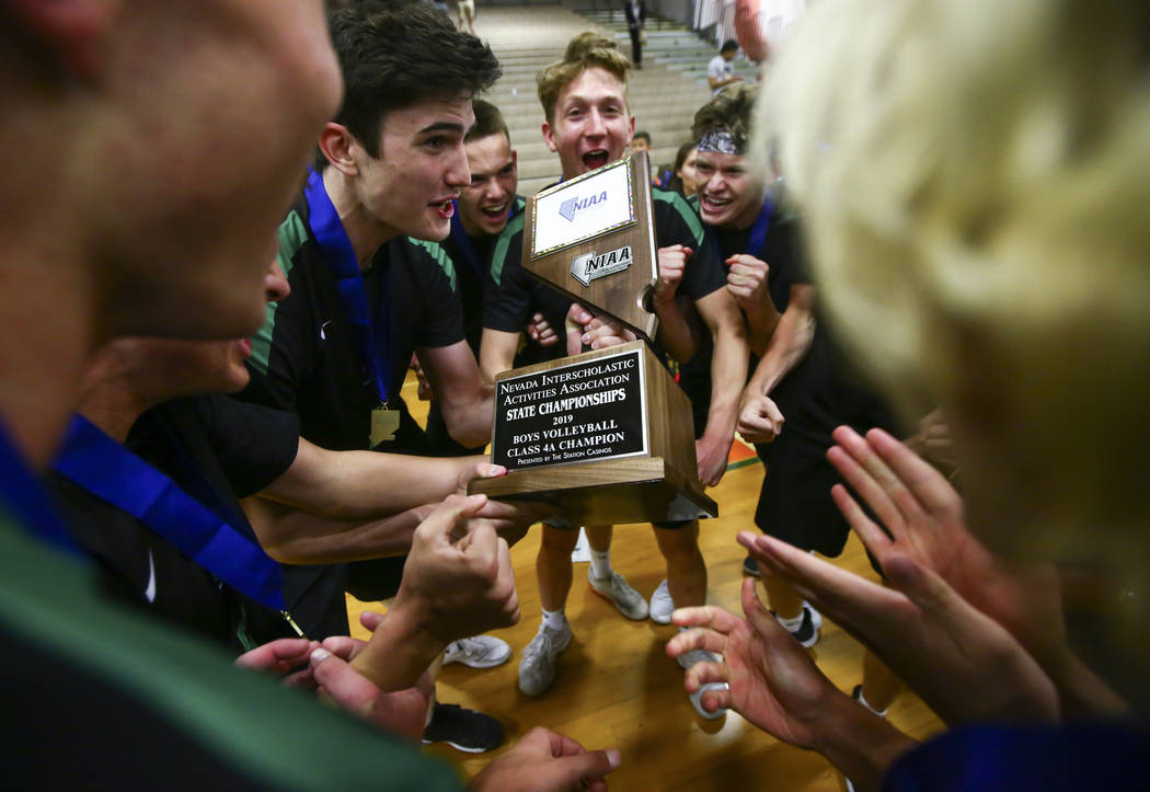 Palo Verde players, including Palo Verde's Scott Solan, center left, celebrate their victory ov ...