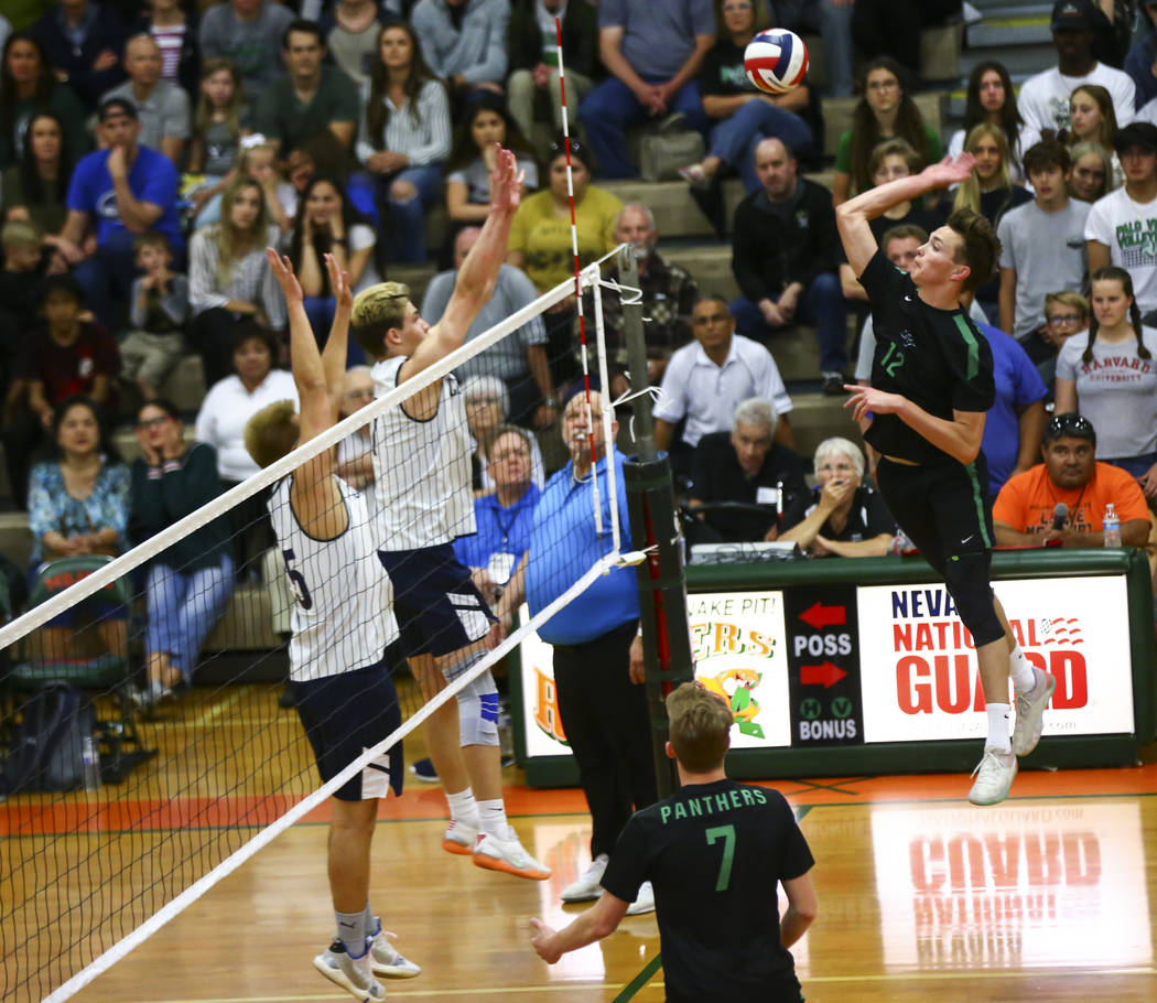 Palo Verde's Jared Brady (12) looks to send the ball to Coronado during the Class 4A state voll ...