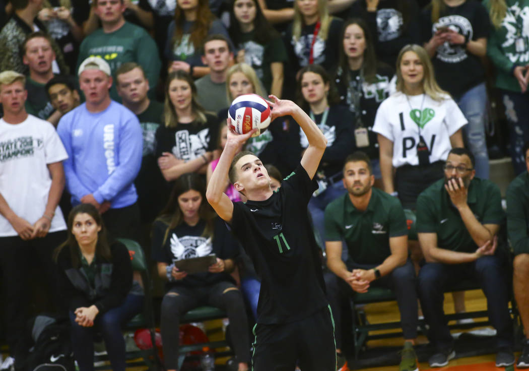Palo Verde's Cooper Jarman (11) sets the ball during the Class 4A state volleyball championship ...