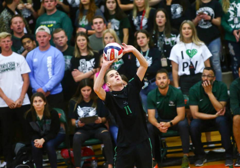 Palo Verde's Cooper Jarman (11) sets the ball during the Class 4A state volleyball championship ...