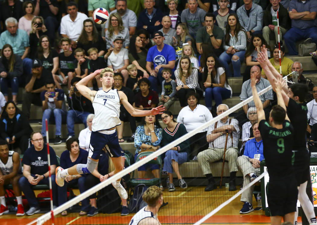 Coronado's Jacob Ceci (7) looks to send the ball to Palo Verde during the Class 4A state volley ...