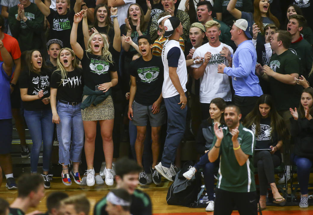 Palo Verde students celebrate as their team leads against Coronado during the Class 4A state vo ...