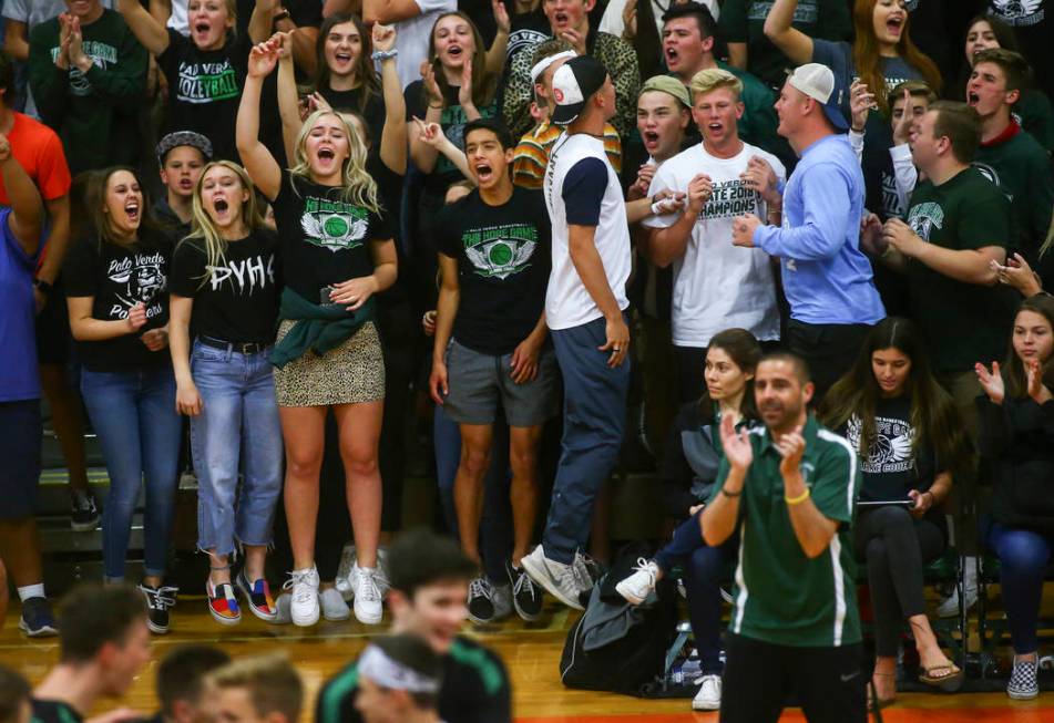 Palo Verde students celebrate as their team leads against Coronado during the Class 4A state vo ...