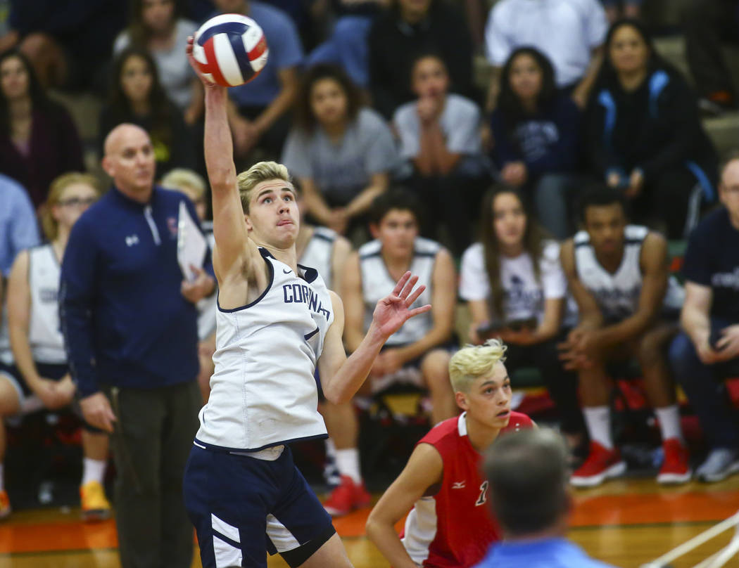 Coronado's Jacob Ceci (7) sends the ball to Palo Verde during the Class 4A state volleyball cha ...