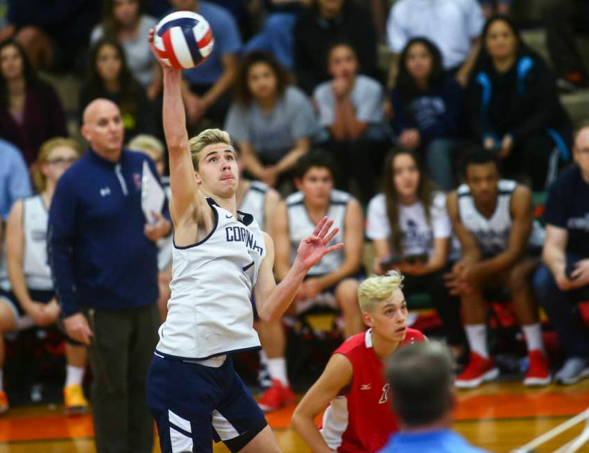 Coronado's Jacob Ceci (7) sends the ball to Palo Verde during the Class 4A state volleyball cha ...