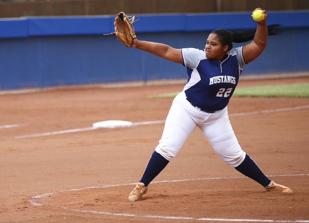 Shadow Ridge's Alyssa Stanley (22) pitches to McQueen during the second round of the Class 4A s ...