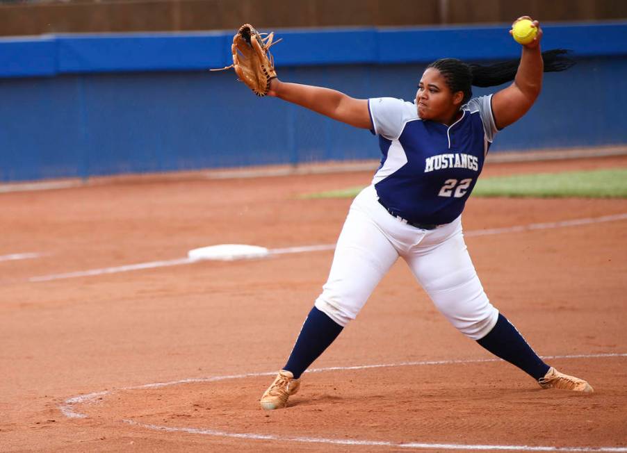 Shadow Ridge's Alyssa Stanley (22) pitches to McQueen during the second round of the Class 4A s ...