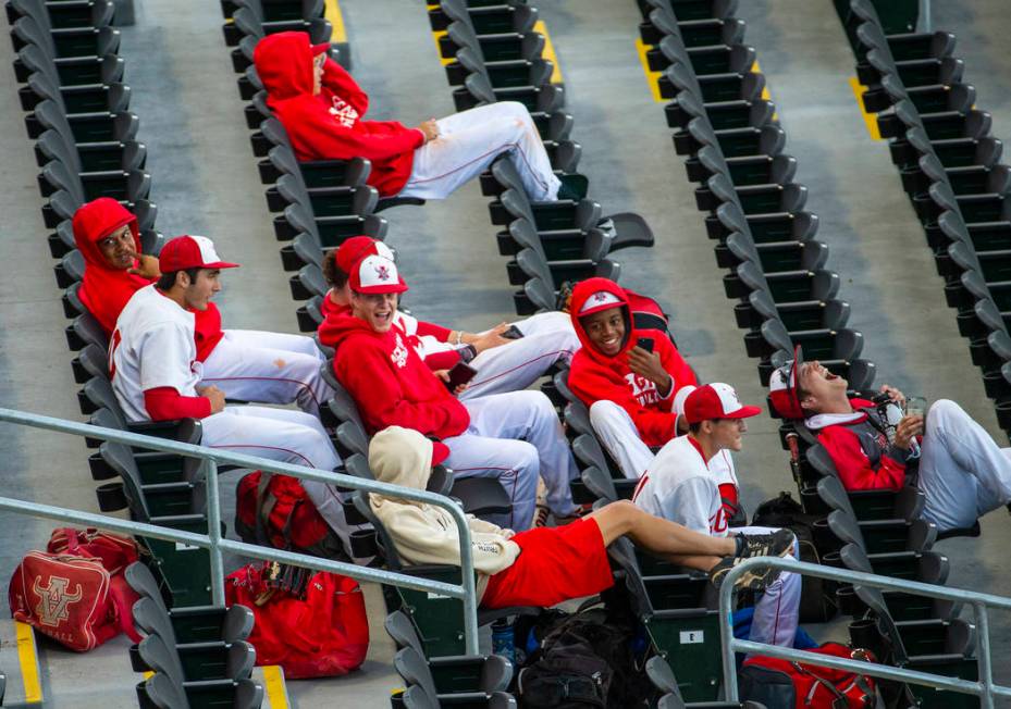 Arbor View players share some laughs in the stands before their game versus Las Vegas during th ...