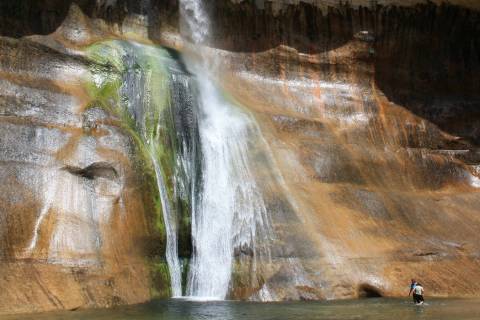 Hikers can enjoy wading or swimming in the pool at the base of Lower Calf Creek Falls. (Deborah ...