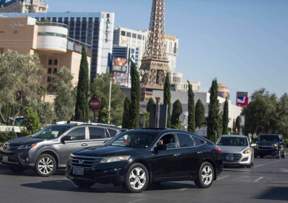 Cars pull into the self park lane at Caesars Palace on Thursday, May 16, 2019, in Las Vegas. (L ...