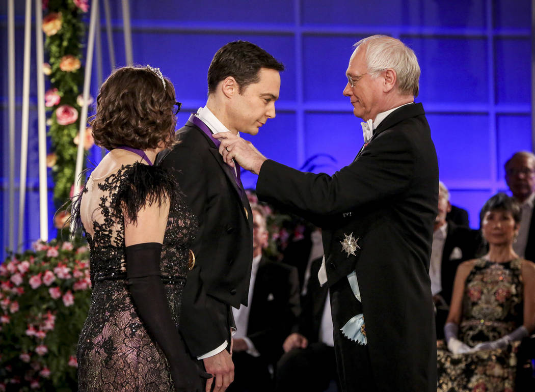 Mayim Bialik, left, and Jim Parsons, center, perform in a scene from the series finale of "The ...