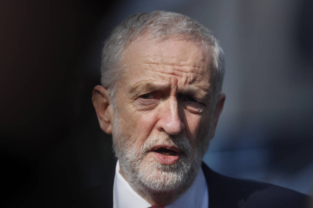 British Labour Party leader Jeremy Corbyn speaks March 21, 2019, outside EU headquarters in Bru ...