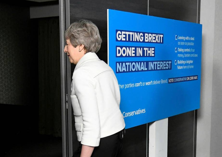 Britain's Prime Minster Theresa May leaves after speaking at a EU election campaign event in Br ...